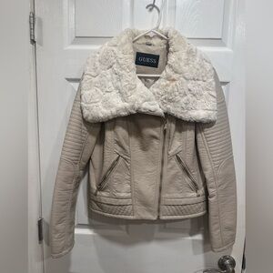 Guess Women's Beige Leather Jacket with Faux Fur Collar